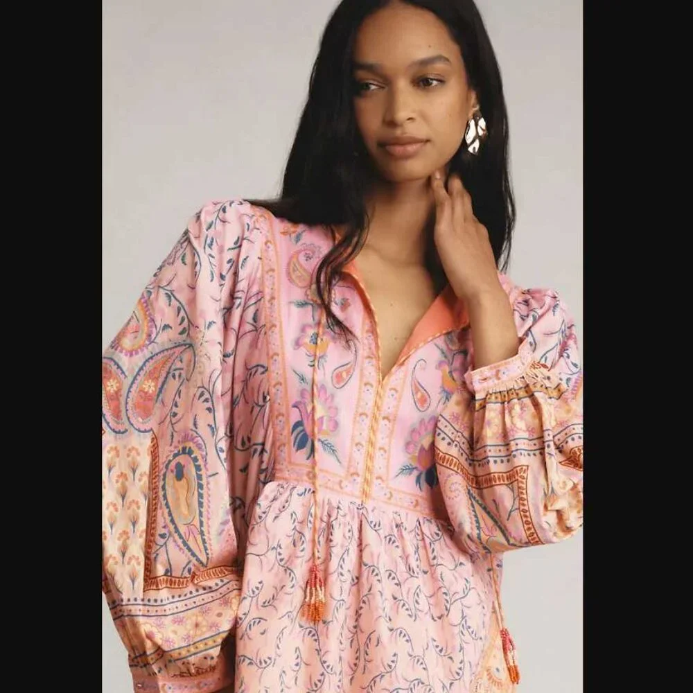New S Farm Rio x Anthropologie long-sleeve pink floral printed maxi dress - Picture 2 of 12